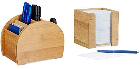 Relaxdays Stiftehalter Bambus, 4 Fächer, natürliche Optik, Stiftebox, Natur, Größe & Zettelbox Bambus, Zettelkasten Holz, Notizzettel Halter, 900 Blatt, H x B x T: 10,5 x 10,5 x 10,5 cm, natur
