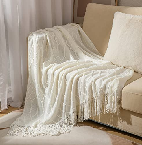 Hayisugal Sofadecke Boho Decke Strick Decke Tagesdecke Wohndecke Gestrickte Decke Wendedecke Kuscheldeck Couchdecke überwurf Decke Reise Decke, Weiß, 130 x 200cm