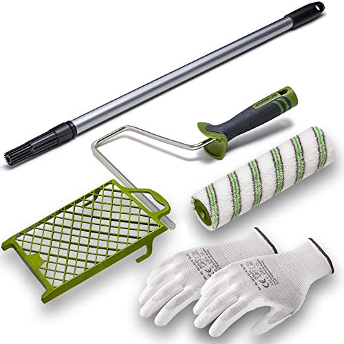 Colorus Renovierset 5 teilig Maler | Pro Streif Malerwalze 25cm | Teleskopstange 0,80-1,30m | Farbwalzen Soft Bügel | Abstreifgitter 27x29cm | Feinstrickhandschuhe L | Malerrolle groß für Wandfarbe