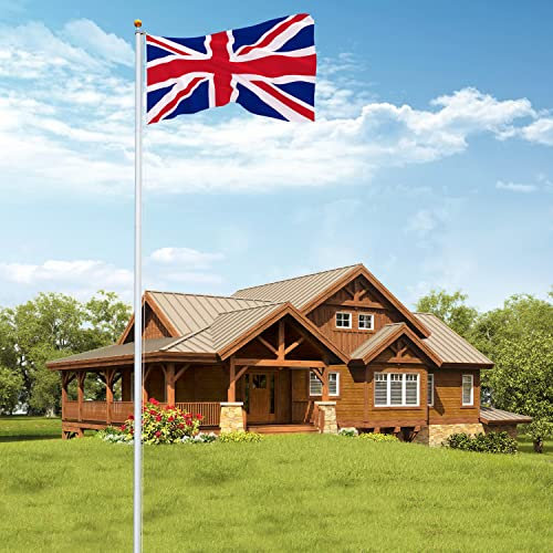 Outopee 20FT Aluminium Sectional Flagpole Kit, Telescopic Flag Pole with UK Flag for Residential, Yard and Commercial Use, Silver