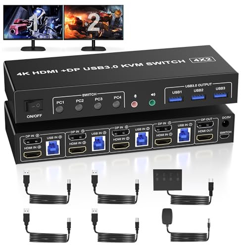 Dual Monitor HDMI Displayport KVM Switch 4 PC 2 Monitor, 4K 60Hz USB 3.0 Commutateurs KVM Pour 4 Ordinateurs Partageant 2 Moniteurs et Sortie Microphone Audio et 3 Périphériques USB