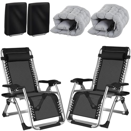 Fiutazge 2Pcs 83cm ExtraBreite Sonnenliege Verstellbare Rückenlehne,Liegestuhl Klappbar mit Kissen,Getränkehalter und Kopfpolster,Gartenliege,Liegestühle für Patio,Balkon,Strand,Camping-Grau