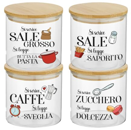 Generico Set Contenitori per Sale Fino e Grosso Zuccherro e Caffè Personalizzati Descrizioni Confezione 4 Barattoli Trasparenti In Vetro Coperchio Legno Idea Regalo Arredo Decorazioni Casa Cucina
