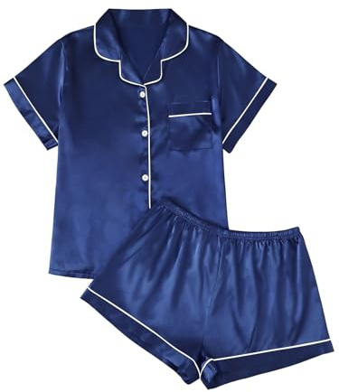LILLUSORY Silk Satin Pajama Set for Women 2 Piece Lounge Pjs Winter Matching Summer Sleepwear Button Down Shirt Shorts Navy XS