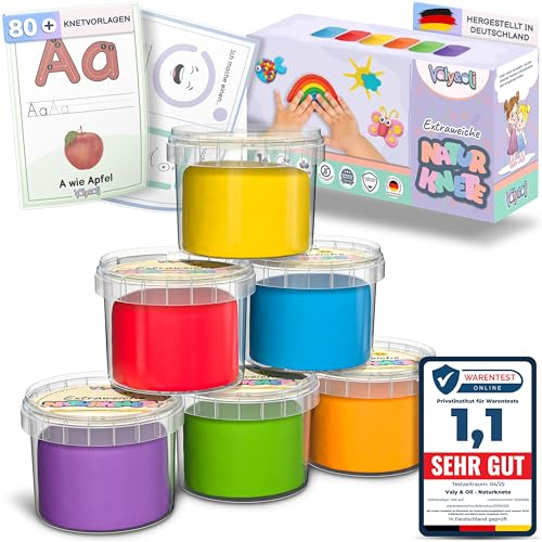 Valy&Oli® Knete - Extraweiche Vegane Kinderknete ab 1 2 3 Jahren [inkl. Knetvorlagen] Made in Germany - Sorglos Spielen - Fördert Kreativität & Feinmotorik - XL Set 6×100 g - Klassikfarben
