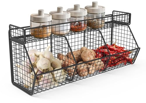CheurYae Wall-Mounted Hanging Kitchen Storage Baskets,Hanging Fruit Basket,3 Grids Kitchen Countertop Rack,Wall mounted Storage Baskets for Vegetables, Fruit, Bread