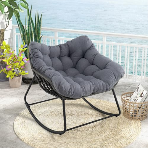 Giantex Sedia a Dondolo con Cuscino, Sedia da Relax Ampia e Avvolgente, con Struttura in Metallo, Seduta in Rattan, Cuscino Morbido Imbottito, per Soggiorno, Studio, Balcone, Nero (Grigio)