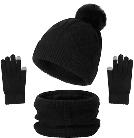 Enwokran Invierno Sombrero Bufanda Guantes Mujuer Set 3 en 1,Gorro de Cálido Calentador de Cuello Punto Gorro de Vellón con Pompón Pantalla Táctil Mitones (Negro)