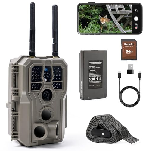 GardePro E8 2.0 Pro Cámara de Caza, WiFi de Doble Antena con Tarjeta SD de 64GB, Batería Recargable 7800mAh, 64MP 4K H.264, Alcance de Visión Nocturna de 30m y 0,1s Tiempo de Activación, IP66