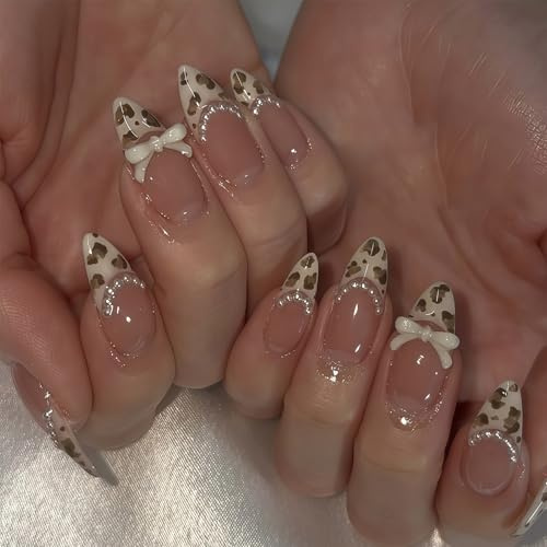 Auroriel 24 st amandel press-on naglar leopard French tip pärlor rosett design återanvändbar glansfull akryl fulltäckande kunstnaglar