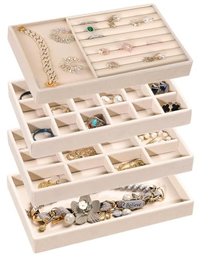 4 Pieces Jewellery Organiser Trays, 21x12.5x2.5cm Stackable Jewellery Drawer Organiser, Drawer Jewelry Divided Storage Holder for Necklaces, Bracelets, Earrings, Rings, Brooches and Hairpins(Beige)