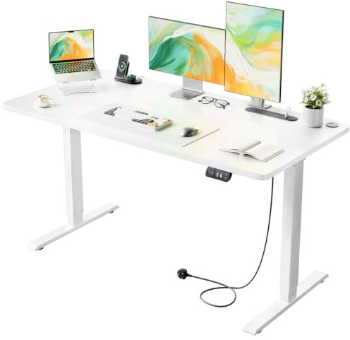 Precision Synergie Electric Standing Desk, 100 x 60 cm Height Adjustable Sit Stand Table with 3 Power Outlets & 3 USB Ports, Home Office Desk with 2 Memory Smart Panel, White