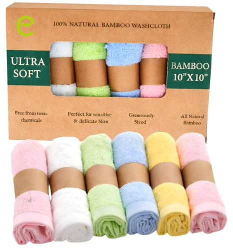 EcoSlurps 100% Natural Bamboo Washcloths, Ultra Soft Face Towel, Thick 10x10 Inch flannel for family, Multicolour, makeup removal, skincare, facecloth and beauty essentials (6 Towel Pack)