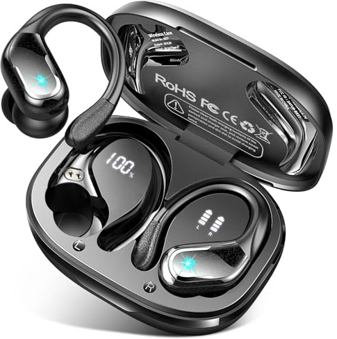 Cuffie Bluetooth 5.4 Sport, Auricolari Bluetooth con 3D Bass Stereo, 75 Ore Cuffie Wireless con 4 ENC HD Mics, IP7 Impermeabile Cuffiette HiFi con Display LED, Cuffie Senza Filo per Palestra/Running