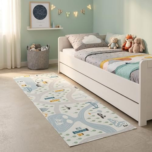 Alfombra de Vinilo Infantil Villa – Pie de Cama Larga y Fácil de Limpiar (80x200 cm)