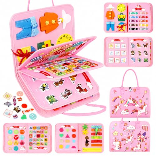 Busy Board Montessori Jeux Montessori Educatif pour Enfants de 1 à 3 Ans Livre Sensoriel Bebe Jouets d'Activité et de Développement Jeux Educatif pour Bébé et Tout-Petits Cadeau Fille 1 2 3 Ans (Rose)
