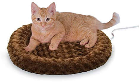 K&H Pet Products Bolster Heated Cat Bed for Indoor Cats, Thermo-Kitty Fashion Splash Orthopedic Foam Heated Pet Bed for Cats or Dogs, Waterproof Pet Heater, Safety Listed Small 18in Round Mocha