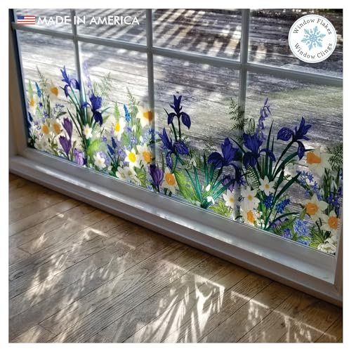 Window Flakes Botanical Spring Flower Window Cling Border - Double Sided Static Cling Decal for Glass - Anti-Collision Bird Strike Prevention - Reusable Decor - 46 x 11 inches - Made in USA