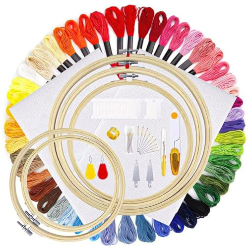 Embroidery Starter Kit - 5 Bamboo Hoops, 50 Colors Threads, 2 Cloths and Cross Stitch Tools for Sewing, DIY, Home Art, Handcraft