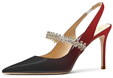 Lutalica W Women's Patent Leather Pointed Toe Glitter Crystal Strappy Mid High Heel Dress Slingback Pumps Red Black Size 42