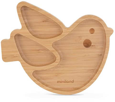 Miniland Wooden Plate Chick. Plato BLW de madera de bambú certificada FSC con compartimentos y ventosa, Natural y morado, 89473