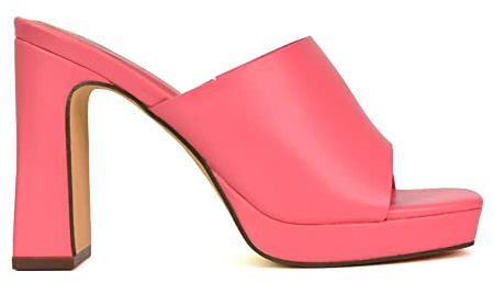 Womens Slip On Platform High Heel Mule Ladies Sqaure Peeptoe Pink Synthetic Leather Shoes Size 7