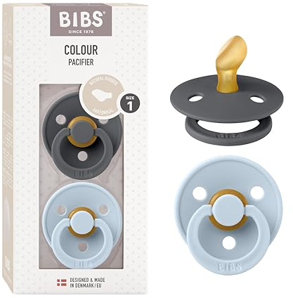 BIBS Colour Anatomical Dummies 2-Pack, BPA Free Dummy Pacifier, Orthodontic Nipple. Natural Rubber Latex, Made in Denmark. 0-6 Months (Pack of 2), Iron/Baby Blue