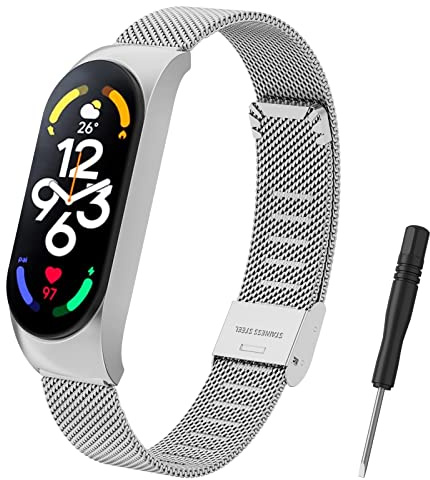 AK Armband Kompatibel mit Xiaomi Mi Band 7 Armband, Verstellbare Edelstahl Metall Ersatzarmband für Xiaomi Mi Band 7 mit Einstellwerkzeugen (Silber)