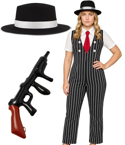 Mega_Jumble Women's 1920's Gangster Mobster Mafia Fancy Dress Costume | Ladies Gangster Girl Pinstripe Jumpsuit, Hat & Inflatable Tommy Gun (M)