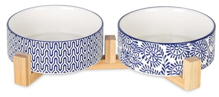 Selamica Ceramic 14 OZ Dog Bowls, Dog Food and Water Bowls with Wooden Stand, Anti-Slip Dogs Dishes Set for Cats & Small Dogs, Weighted Pet Bowls Set of 2, Vintage Blue B