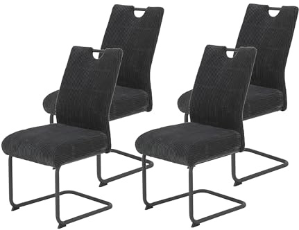 Hela Tische, 4er Set Esszimmerstuhl Merkur, Bezug Breitcord Anthrazit, Komfortsitz Federkorb, XL Sitzbreite, 140kg belastbar, Schwinger Metallgestell