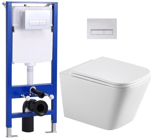 Set completo per WC sospeso, WC con cassetta di risciacquo a incasso, piastra di comando per WC, con sistema di abbassamento automatico Soft-Close UF, coperchio monoforo, superspin