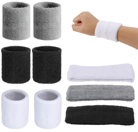 9 Stücke Sport Schweißband Handgelenk Set, Inklusive 6 Schweißbändern Wristband und 3 Headband, Fitness Arm Sport Wristbands für Männer, Frauen, Kinder, Geeignet für Fitness, Fußball und Laufen
