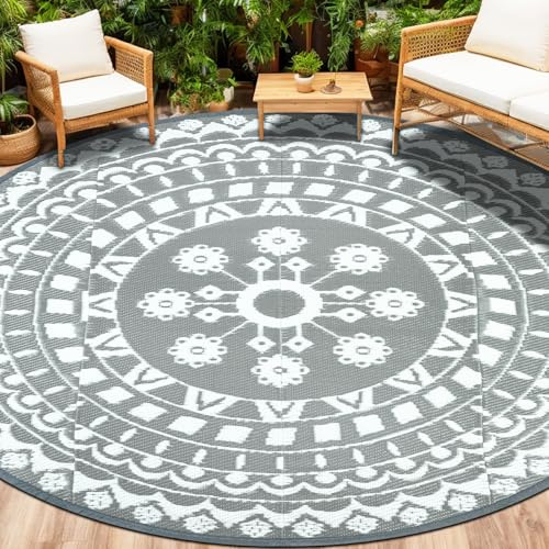 Capslpad - Tappeti rotondi da giardino per esterni ø240 cm, impermeabili, reversibili, in paglia di plastica, rotondi, per interni ed esterni, in stile boho, per giardino, camper, campeggio, balcone