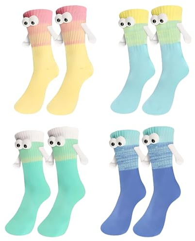 Lot de 4 paires de chaussettes magnétiques pour femme - Aimants amusants - 35-38 39-42 - Long Crew - Aimants colorés - En coton - Cadeaux douillets pour enfants, femmes et couples, coloré, 35-42