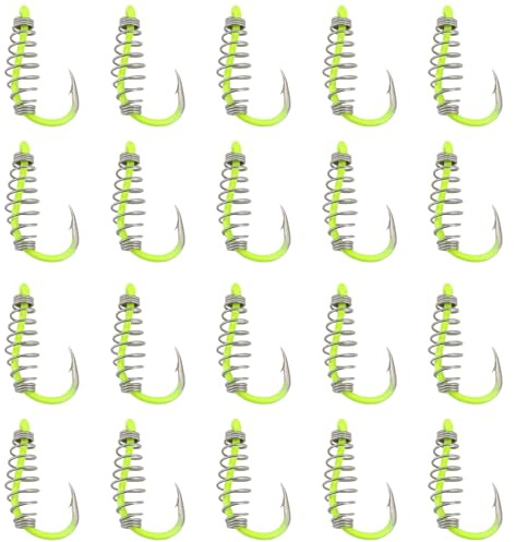 eMagTech 20Pcs Spring Fishing Hooks, Size 7# High Carbon Steel Hooks with Metal Spring Barbed Swivel Fishing Hooks Suitable forPower Bait Trout Carp, Fluorescent Yellow