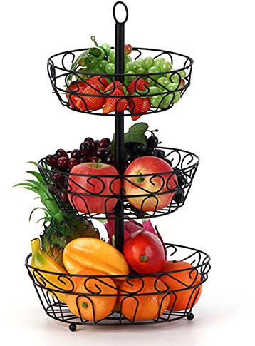 YENTAKE Obst Etagere, 3 Stöckig Obst Etagere Obstkorb, Metall Draht Obstschale Dekorativ Gemüsekorb, Höhe 49cm, Ablagekörbe für Mehr Platz auf der Arbeitsplatte 22/24/28cm(Schwarz-1)