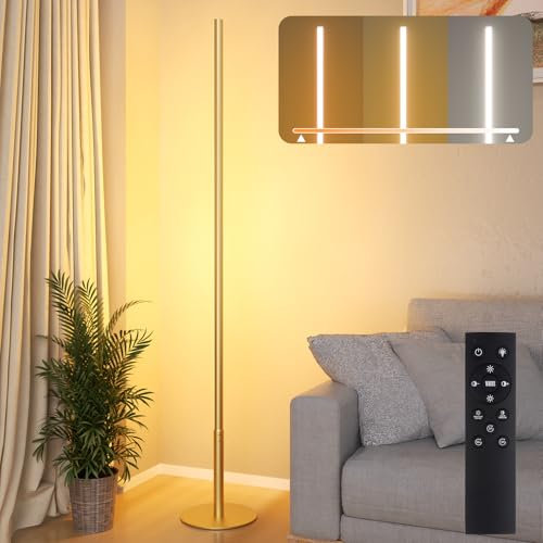 Hzitcigm Lámpara de Pie LED Regulable, Lámpara de Pie Salon Esquina Luz con Intensidad Variable Continua y Colores 2700K-6500K, 147CM Función Memoria Columna de Luz para Salón Dormitorio, Dorado