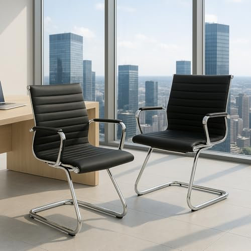 Ya-Home Konferenzstühle 2er Set aus Kunstleder Freischwinger Schwingstuhl mit Armlehne Moderner Besucherstuhl mit Chromgestell, 2 Stück, Schwarz