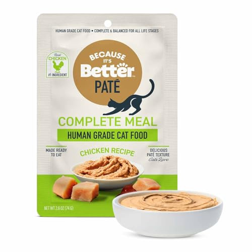 Because It’s Better Pate Complete Meal - Wet Cat Food - Real Chicken Recipe - Organic, Balanced, Smooth Pate Texture, Human-Grade Ingredients, Grain Free, 2.6 oz Pouches (12 Count)