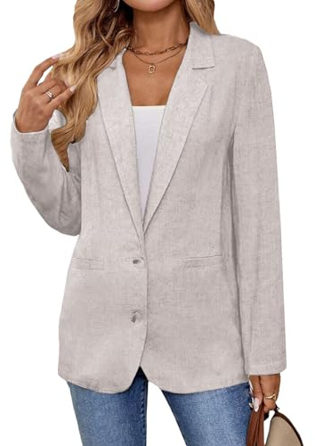 Mina Self 2025 Leinen-Blazer für Damen, Business, Freizeit, langärmelig, Revers, offene Vorderseite, Anzugjacke, Arbeitsblazer mit Taschen, 1-beige, XL