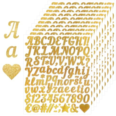 Adesivi a forma di lettere in vinile dorato, 10 fogli, per decorazioni fai da te, impermeabili, scintillanti e resistenti alle intemperie, ideali per porte, cassetta delle lettere, feste, testo