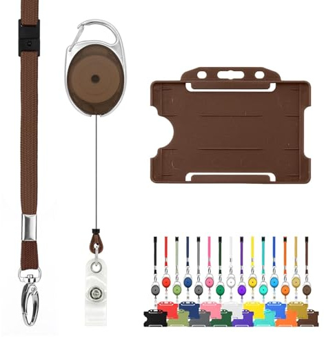 Retractable Lanyard and Badge Holder Trio Triple Pack by LanyardsTomorrow - Set Includes A Single Plain Lanyard, Extendable Carabiner Yoyo Reel Clip and Rigid ID Card Holder (Brown)