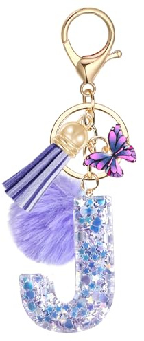 JSRQT Llavero de Letras Púrpura Mariposa Coche para Mujeres Niñas Iniciales J Resina Keyrings Colgante Personalizados Borla Nombre Letra Letter Keychains Moda Alfabeto Encanto Llave Puerta Bolso