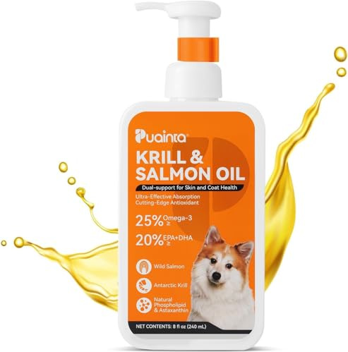 PUAINTA Krill and Salmon Oil for Dogs & Cats for Healthy Skin and Coat, 25% Max Omega 3 for Dog Fish Oil Supplement with EPA & DHA, Vitamin A, E for Dry Skin, Itchy & Allergy Skin Relief, 8 oz