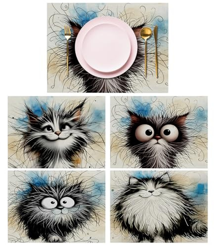 Lvjkes 4 pezzi tovaglietta con animali, 30 x 45 cm Tovagliette lavabili, stampate cucite a mano, antiscivolo Tovagliette in lino, adatte per cucina, soggiorno, sala da pranzo, bar - Gattino