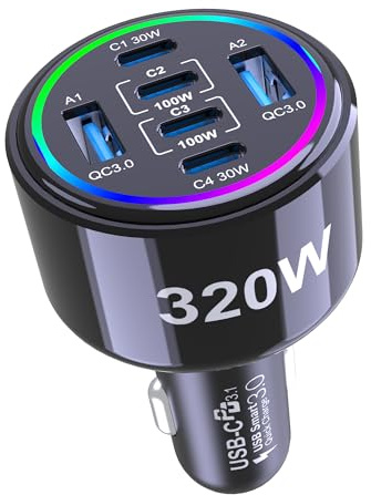 320W USB C Car Charger, 6 Ports Type C Car Charger, PD3.0/QC4.0/PPS Super Fast Charging for iPhone 17/16/15 Series, Galaxy S25/S24/23, iPad, MacBook Pro/Air, Laptop (Black)