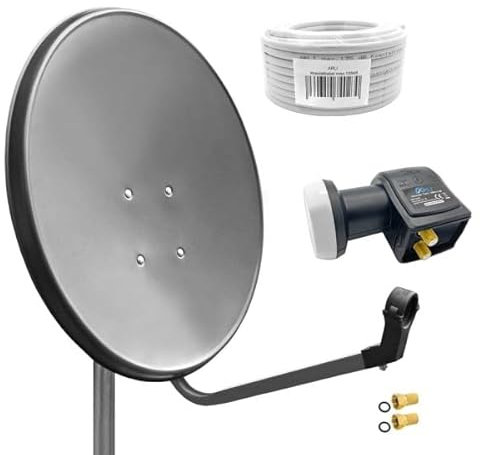 60cm HD Sat Anlage Twin LNB + 50m Koaxialkabel 135dB + 2 F-Stecker Digital 2 Teilnehmer Antenne grau UHD 4K