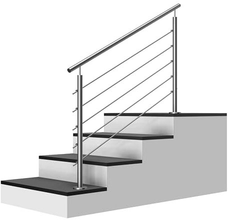 Edelstahl Treppengeländer Aufmontage, 2m lang, 0,9m hoch, Außengeländer, je 2 Pfosten + 5 Querstreben + Handlauf mit Trägerplatten + Zubehör, Winkelverstellbar (L:2000mm H:900mm)