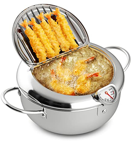 Houseables Mini Deep Fryer, Japanese Frying Pot, Stove Top Deep Fryer Pot, Frying Pot with Basket, with Lid, Temperature Gauge, Oil Drain Rack, Small, Baby, Tempura, Stainless Steel, 2.3 Quarts (2.2L)